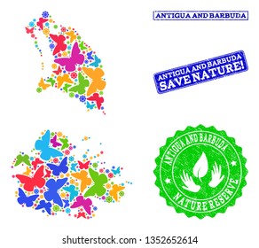 Ecological composition of bright mosaic map of Antigua and Barbuda and scratched seals with Nature Reserve caption. Mosaic map of Antigua and Barbuda constructed with bright colored butterflies.