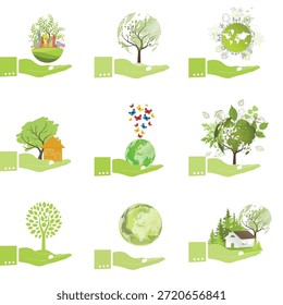 An ecological concept aimed at saving the planet. Set. An eco friendly world in the palm of your hand. World Environment Day. Simple and modern.