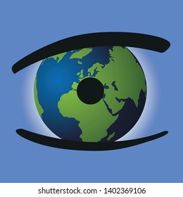 Ecological concept to be vigilant and protect the planet earth from global warming with an eye whose pupil is a terrestrial globe showing Europe, Asia and Africa.