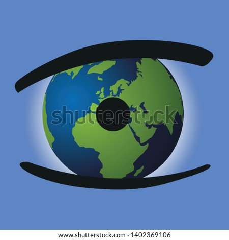 Ecological concept to be vigilant and protect the planet earth from global warming with an eye whose pupil is a terrestrial globe showing Europe, Asia and Africa.