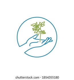 Ecological concept. Color lines vector of sprout in hand. Earth Day.