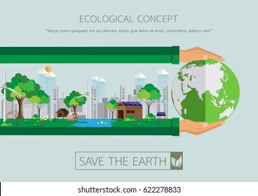 Ecological concept design.Green city with Eco life conservation.Vector illustration.