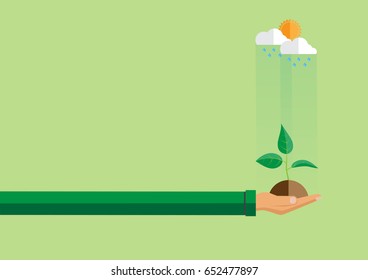 Ecological concept design.Hand holding green plant in flat style.Vector illustration.