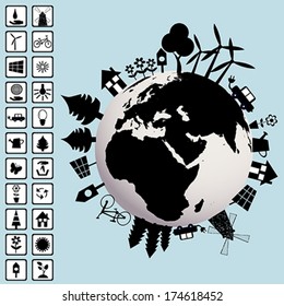 Ecological concept with Earth and environment icons