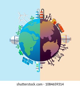 Ecological concept. Friendly factories and industry that do not pollute the environment and harmful toxic emissions of industrial enterprises. Flat vector illustration.