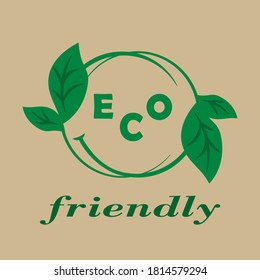 Ecological concept, funny face with green leaves and letters, environmentally friendly product logo, flat design, vector illustration.