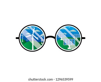 Ecological concept, glasses that depict sunshine, windmills, alternative energy, clean energy, eco