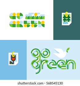 Ecological concept with go green lettering and stylized photo of nature view. Flat style vector illustration for Environment day or Earth day