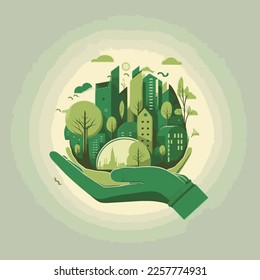 Concepto ecológico con ciudad verde a mano, eco verde ciudad, ilustración vectorial