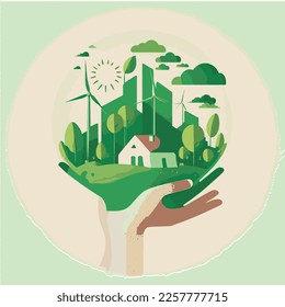 Concepto ecológico con ciudad verde a mano, ecología verde, ilustración vectorial 1