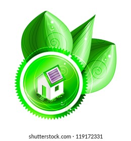 Ecological concept: green label with small house with three shiny leaves with dew drops. Eps10