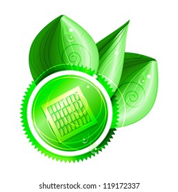 Ecological concept: green label with solar panel  with three shiny leaves with dew drops. Eps10
