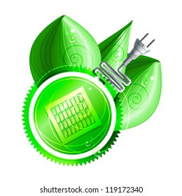 Ecological concept: green label with solar panels and electricity plug with three shiny leaves with dew drops. Eps10