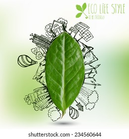 Ecological concept - green leave with doodles about eco lifestyle