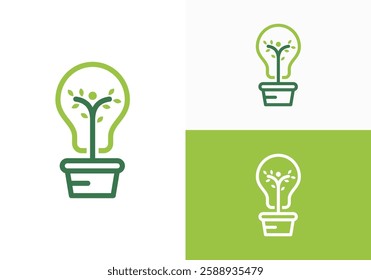Ecological concept of green light bulb with human inside and green plants. Vector illustration of combination of light bulb and leaves.