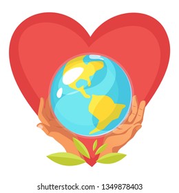 Ecological concept. Hands holding Earth icon as a symbol of care. Big red heart at the background. Vector illustration.