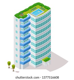 Ecological concept of hotel building with rest zone and pool on the roof vector illustration
