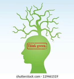 ecological concept, human head with tree on it, "think green"