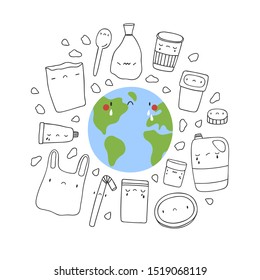 Ecological concept illustration - Earth with Plastic Garbage. Cartoon Planet character with Plastic products frame on white background. Earth day background.