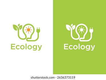 Ecological concept of light bulb. Vector illustration of combination of solar and leaf light bulb with electric plug	