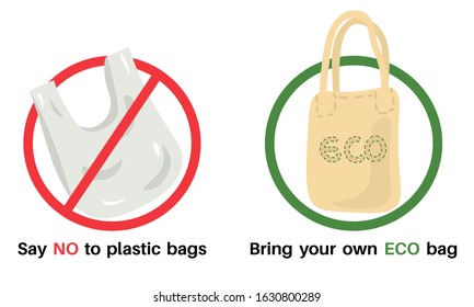 Ecological concept - no plastic bag, use your own eco bag, package slogan design. Pollution problem concept. Stop using disposable polythene package. Vector illustration.