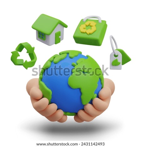 Ecological concept on white background. Set of 3D illustrations about environmental protection