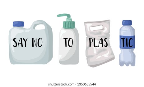 Ecological concept - pastic bottle, bag and lettering - say no to plastic, on white background. Problem of trash, pollution of planet, oceans. Environmental Protection. Vector flat image.