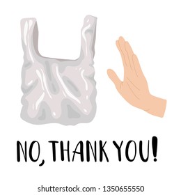 Ecological concept - plastic bag or package and hand (stop), eco sing, lettering. The problem of plastic trash and pollution of the planet, oceans. Environmental Protection. Vector flat image.