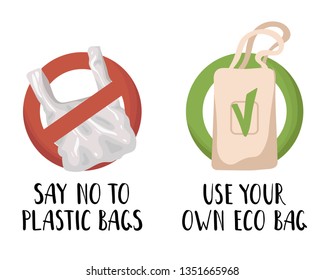 Ecological concept - plastic bag or package and eco textile bag, lettering. Ecological problem of plastic trash and pollution of the planet, the oceans. Environmental Protection. Vector flat image.