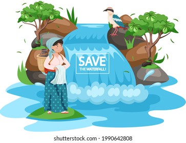 Ecological concept, save the waterfall. Female character stands with jug near mountain river. Woman with basket and jar looks at waterfall. Country woman wants to collect water from river in nature