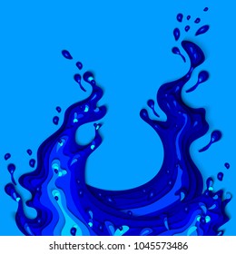 Ecological concept, splashes and drops of water on a blue background. Paper cut out style. 3d vector illustration.