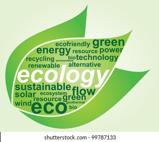 Ecological concept with tag cloud in leav form - vector illustration