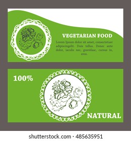 Ecological concept, vector template, natural, vegetarian food on green background. Template for card, brochure, leaflet, poster, card, advertisement, banner, flyer, blank,  menu, vegan cafe, shop.