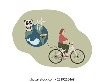 ecological concept with young woman on bicycle with planet earth and animals. Eco sustainable lifestyle vector illustration