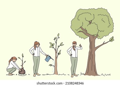 Ecological conversation and ecosystem concept. Young positive women planting watering and growing trees showing thumbs up sign vector illustration 