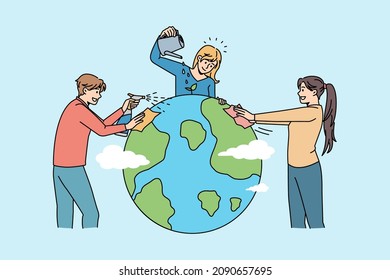 Ecological conversation and environment concept. Group of young people volunteers standing watering planet earth together taking care of ecology vector illustration 