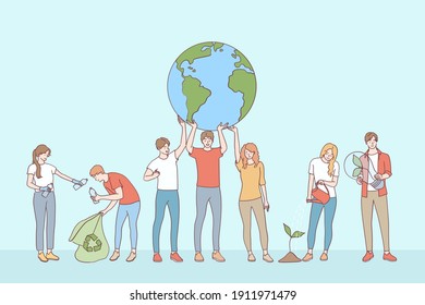 Ecological conversation, save planet concept. Young people volunteers cartoon characters collecting garbage taking care of plants and saving ecology on planet earth vector illustration 