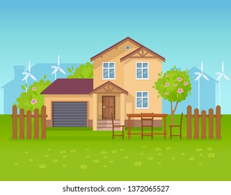 Ecological country house, cottage, guest house. Alternative energy through windmills, clean ecology, eco nature and surrounding landscape, garden fruit trees. Vector illustration.