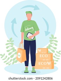 Ecological Delivery Service Flat Concept Vector Illustration. Professional Courier In Green Uniform Isolated 2D Cartoon Character On White For Web Design. Order Shipment Creative Idea