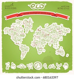 Ecological design concept with eco signs set in earth map applique on green background in retro style vector illustration