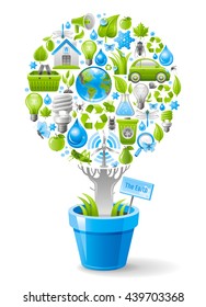 Ecological design with ecology nature symbols icon set in tree. White background. Environment protection concept includes recycling symbol, Earth globe, garbage can, electric car, light bulb, turbine