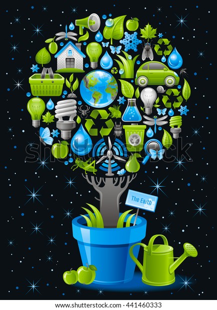 Ecological design with ecology nature symbols\
icon set in tree. With watering can, flower pot and apple fruits.\
Black background. Environment protection concept includes group of\
ecological objects
