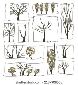 Ecological design. A set of trees without leaves. Landscape architecture logo