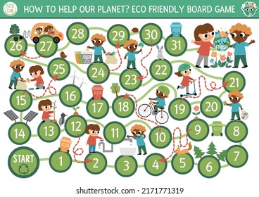 Ecological dice board game for children with kids caring of environment. Earth day boardgame.  Waste recycling printable activity or worksheet. Eco awareness or zero waste activity
