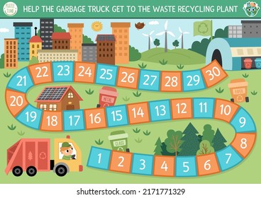 Ecological dice board game for children with garbage truck going to waste recycling plant. Earth day boardgame.  Nature protection printable worksheet. Eco awareness or zero waste activity
