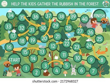 Ecological dice board game for children with kids gathering rubbish in the forest. Earth day boardgame.  Waste recycling printable activity or worksheet. Eco awareness or zero waste activity
