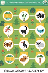 Ecological dice board game for children with endangered animals and plants. Earth day boardgame. Printable activity or worksheet with disappearing species. Eco awareness activity
