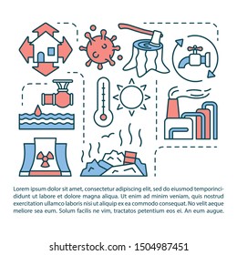 Ecological disaster article page vector template. Environmental damage, climate change. Brochure, magazine, booklet design element with linear icons. Print design. Concept illustrations with text