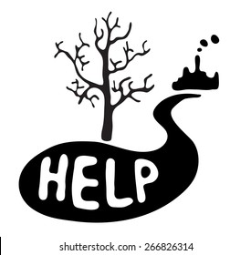 Ecological disaster, dead tree and industrial factory. Vector illustration