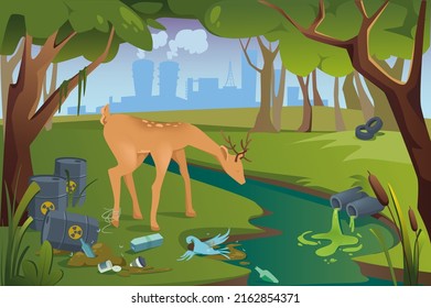 Ecological disaster in forest concept in flat cartoon design. Woods landscape with toxic waste and other trash, suffering deer and bird by dirty river. Vector illustration with people scene background